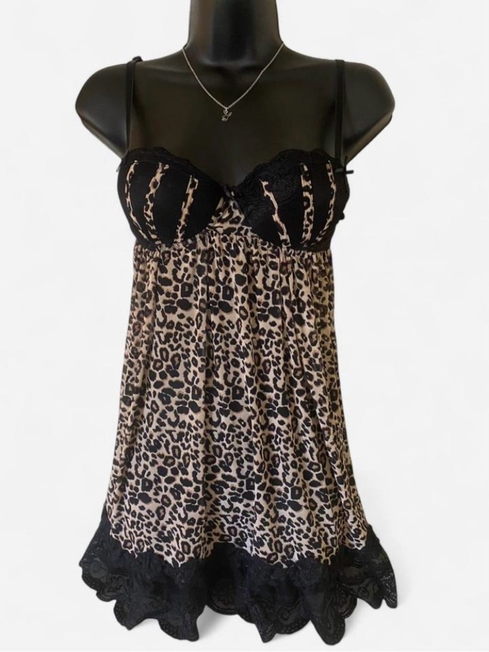 Y2k Leopard Print & Black Babydoll Ruffled Lingerie Slip with Push Up Bra